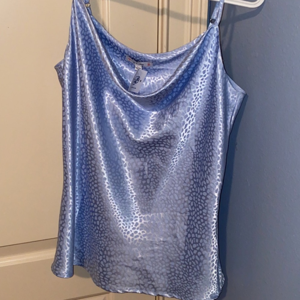 Baby Blue Leopard Silk Cowl Neck Tank